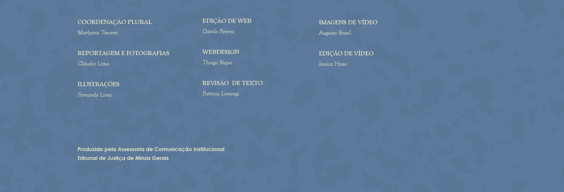 Coordenação plural: Marlyana Tavares, reportagem: Cláudia Lima, webdesigner: Thiago Rique,  edição de Web: Danilo Pereira, revisão de texto: Manuela Barbosa, ilustração: Fernando Lima, edição de vídeo: Jéssica Hissa, fotografia: Robert Leal. Produzido pela Assessoria de Comunicação Institucional, Tribunal de Justiça de Minas Gerais.