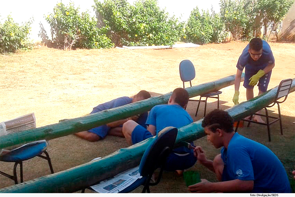 Jovens internados no centro socioeducativo de Pirapora, sentados em uma grama pintando mastros de madeira 