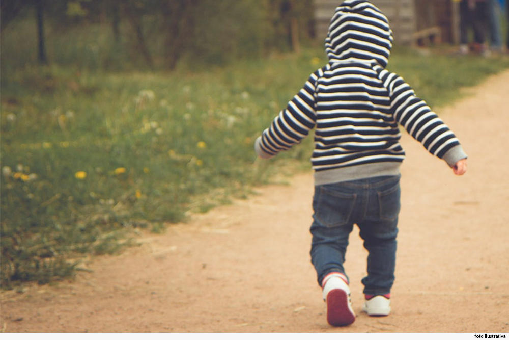 Criança pequena, de costas, caminha em área ao ar livre arborizada