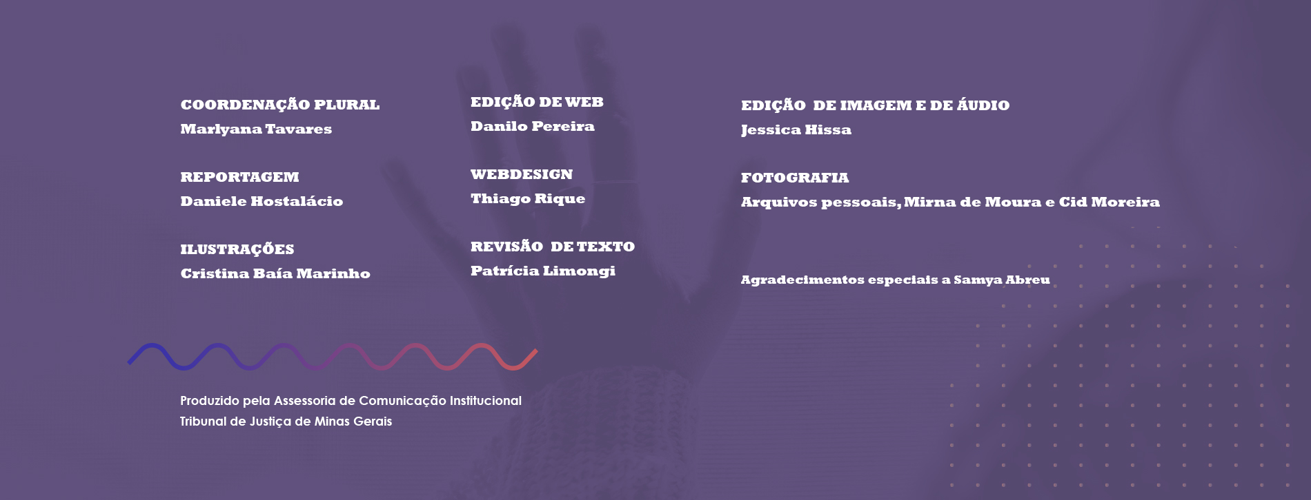 Coordenação plural: Marlyana Tavares, reportagem: Daniele Hostalácio, webdesign: Thiago Rique, edição de Web: Danilo Pereira, revisão de texto: Patricia Limongi, ilustração: Cristina Baía Marinho, edição de imagem e de audio: Jéssica Hissa, fotografia: Cid Moreira. Produzido pela Assessoria de Comunicação Institucional, Tribunal de Justiça de Minas Gerais.