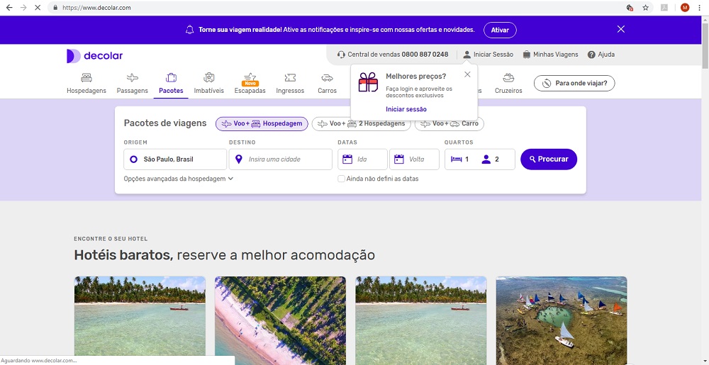 Tela de site de viagens Decolar