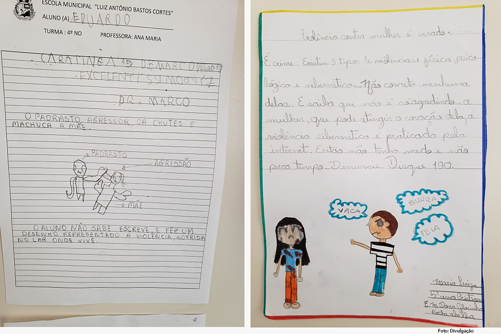 Foto mostra desenhos e redações infantis