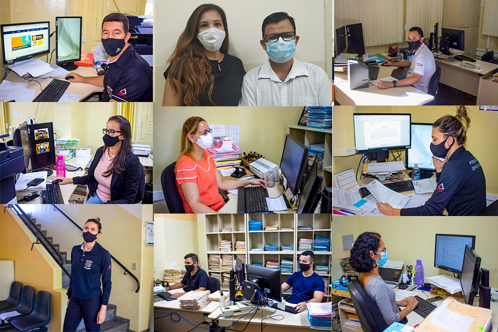 Montagem com vários servidores, de máscara, em ambiente de trabalho