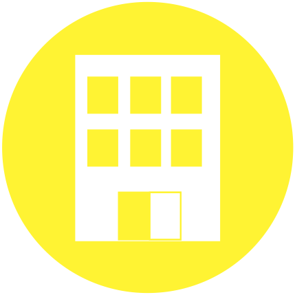 Ícone de um edifício em branco sobre círculo amarelo
