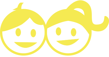 Ícone estilizado de dois rostos sorridentes em amarelo representando crianças ou jovens
