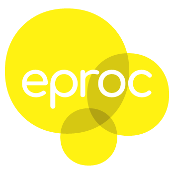 Logotipo da EPROC em branco sobre fundo amarelo circular