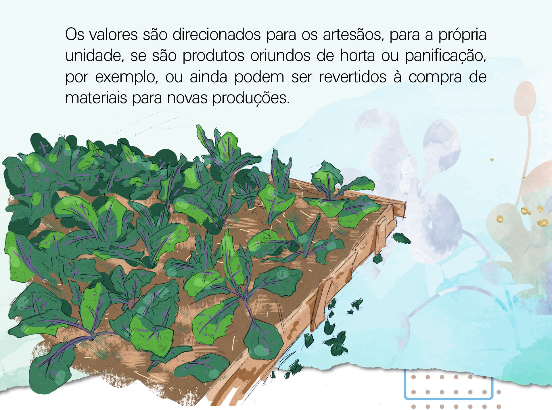 Os valores são direcionados para os artesãos, para a própria unidade, se são produtos oriundos de horta ou panificação, por exemplo, ou ainda podem ser revertidos à compra de materiais para novas produções.