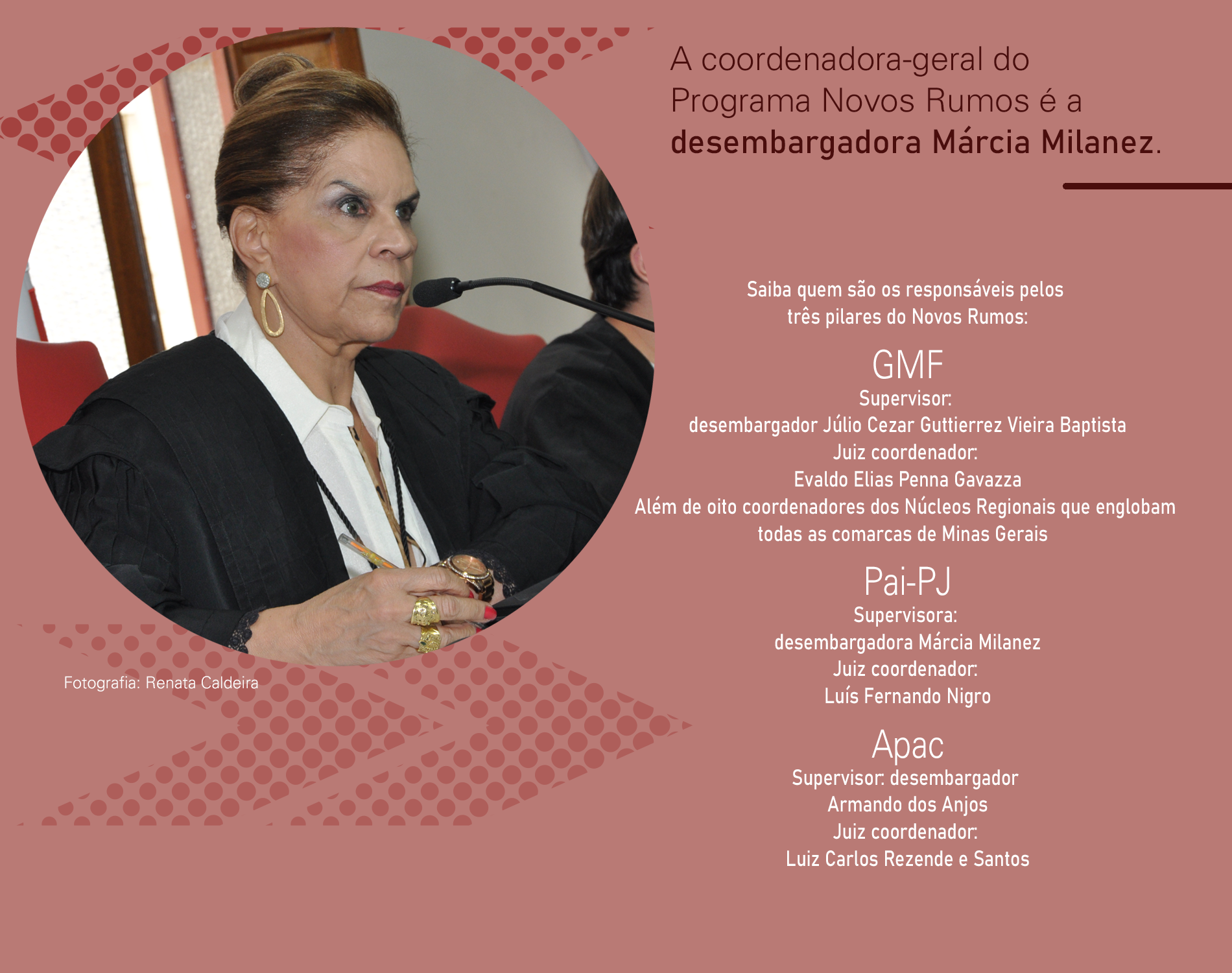 A coordenadora-geral do Programa Novos Rumos é a desembargadora Márcia Milanez. Saiba quem são os responsáveis pelos três pilares do Novos Rumos: GMF. Supervisor: desembargador Júlio Cezar Guttierrez Vieira Baptista;Juiz coordenador: Evaldo Elias Penna Gavazza. Além de oito coordenadores dos Núcleos Regionais que englobam todas as comarcas de Minas Gerais. Pai-PJ. Supervisora: desembargadora Márcia Milanez; Juiz coordenador: Luís Fernando Nigro. Apac. Supervisor: desembargador Armando dos Anjos; Juiz coordenador: Luiz Carlos Rezende e Santos.