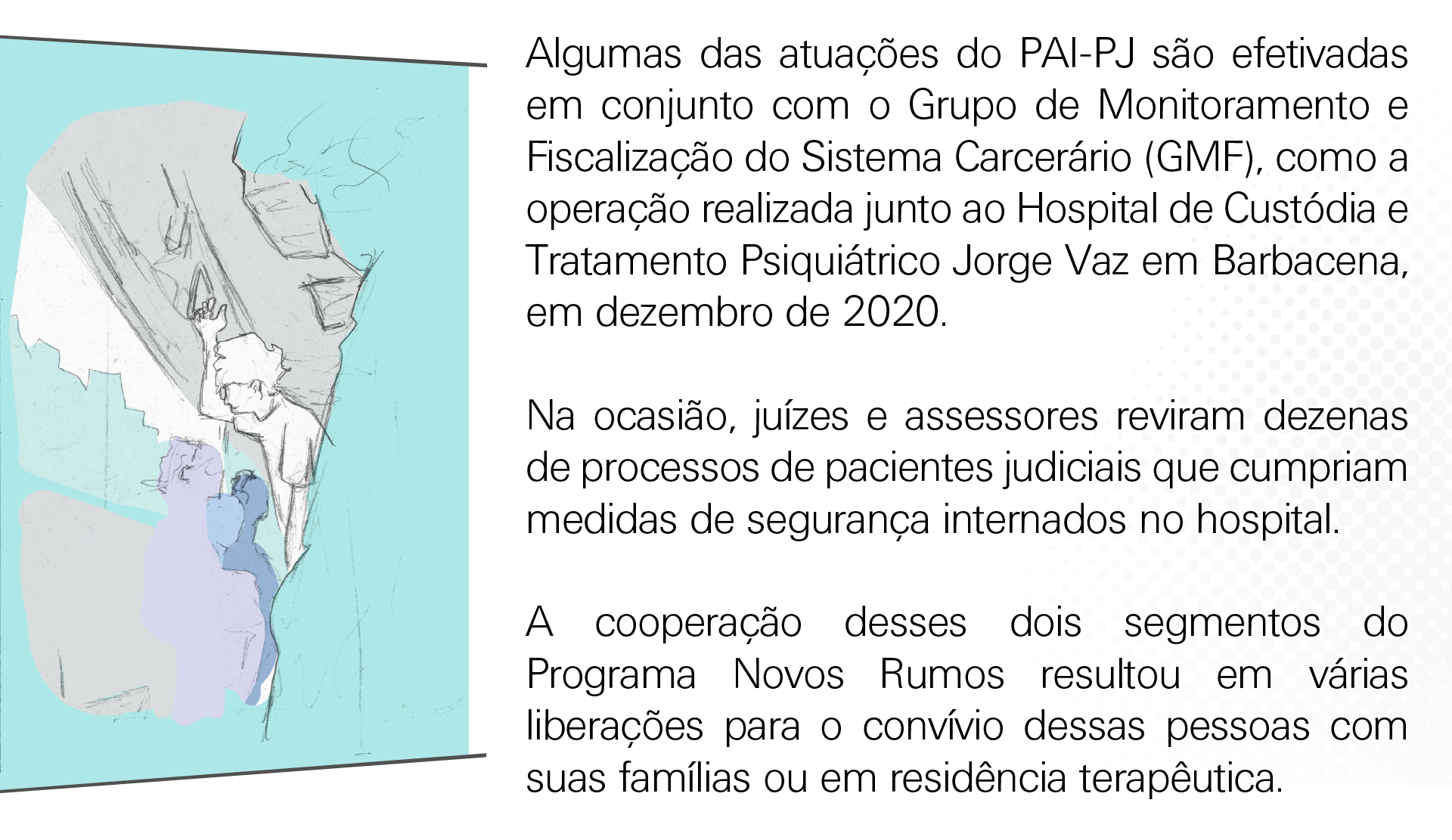 Algumas das atuações do PAI-PJ são efetivadas em conjunto com o Grupo de Monitoramento e Fiscalização do Sistema Carcerário (GMF), como a operação realizada junto ao Hospital de Custódia e Tratamento Psiquiátrico Jorge Vaz em Barbacena, em dezembro de 2020. Na ocasião, juízes e assessores reviram dezenas de processos de pacientes judiciais que cumpriam medidas de segurança internados no hospital. A cooperação desses dois segmentos do Programa Novos Rumos resultou em várias liberações para o convívio dessas pessoas com suas famílias ou em residência terapêutica.